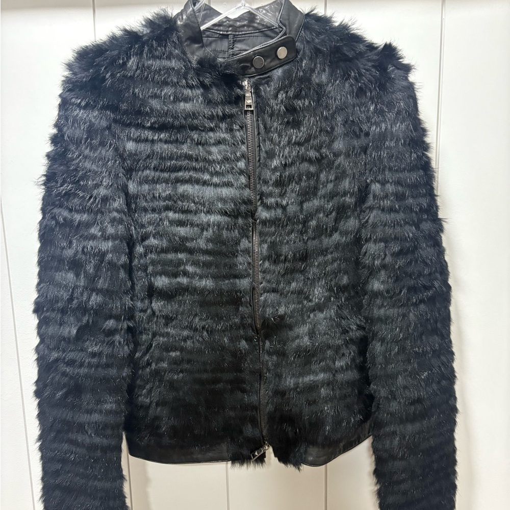 Emporio Armani Black rabbit fur tab collar moto zip front jacket Large Italy